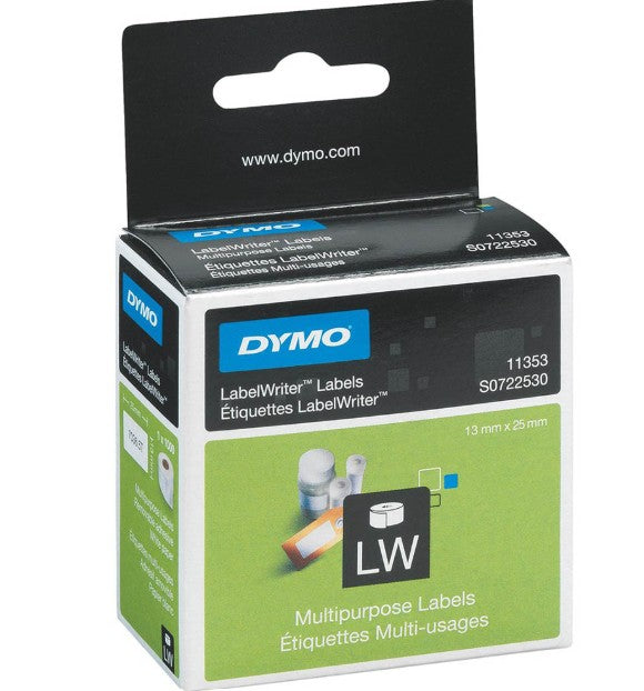 Dymo LabelWriter multipurpose label tape box, model S0722530, featuring a black and green packaging design with a blue Dymo logo.