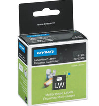 Dymo LabelWriter multipurpose label tape box, model S0722530, featuring a black and green packaging design with a blue Dymo logo.