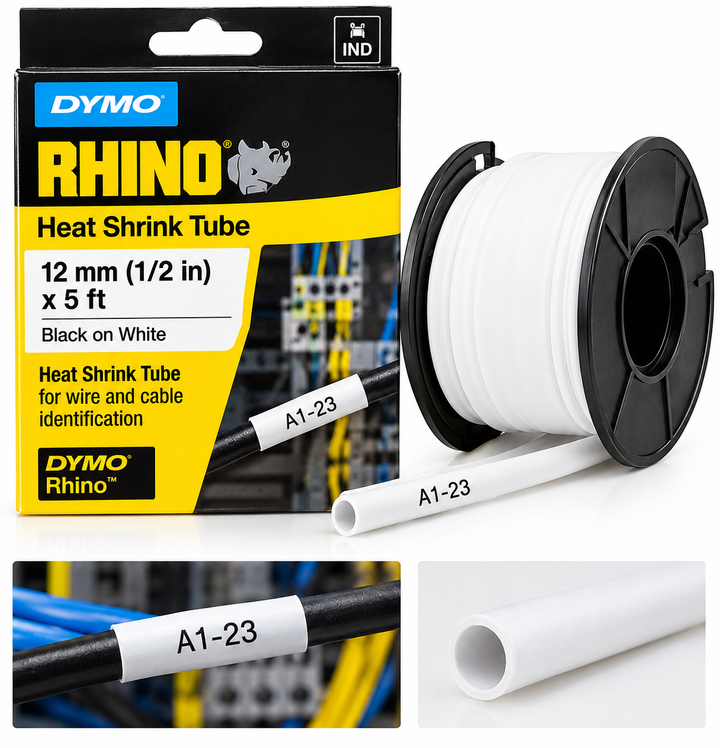 Dymo Rhino 12mm Heat Shrink Tube Black on White 18055 - 1/2in x 5ft