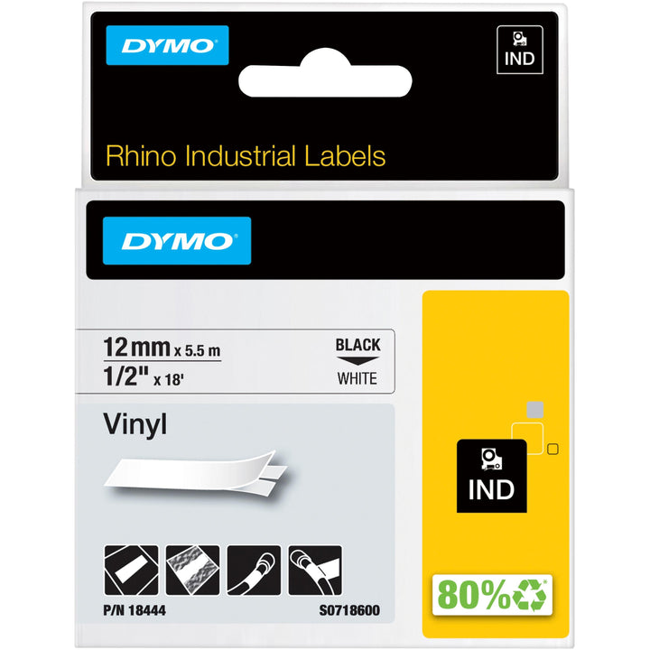 DYMO Rhino 18444 Vinyl Label Tape 12mm x 5.5m – Black on White