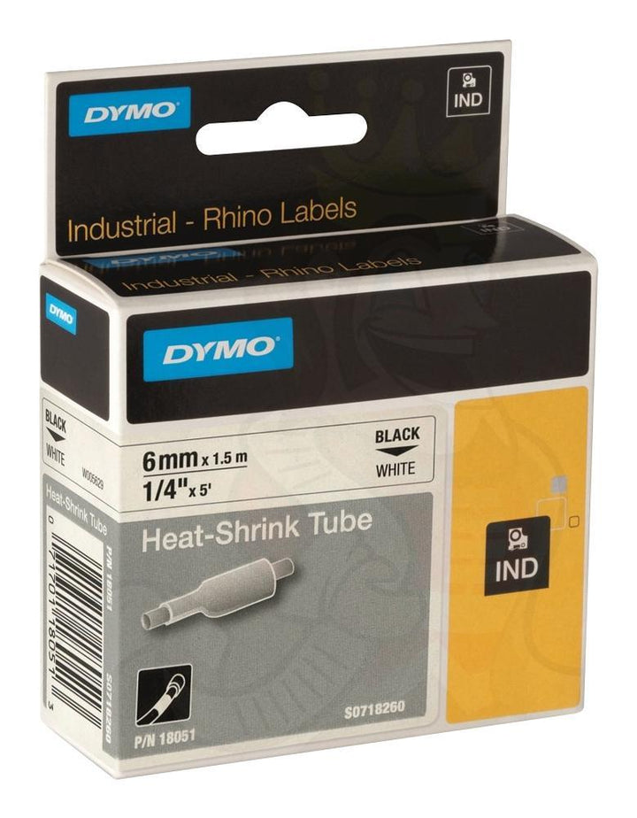 Dymo Rhino 6mm Heat Shrink Tube Black on White 18051 - 1/4 in x 5ft.