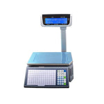Digital scale with a blue platform on a white background