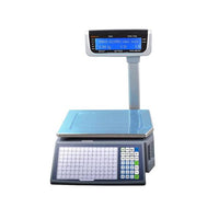 Digital scale with a blue platform on a white background
