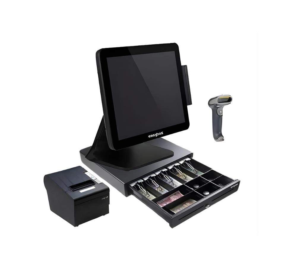 POS system with touchscreen, cash drawer, receipt printer, and barcode scanner on a white background