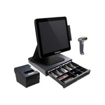 POS system with touchscreen, cash drawer, receipt printer, and barcode scanner on a white background