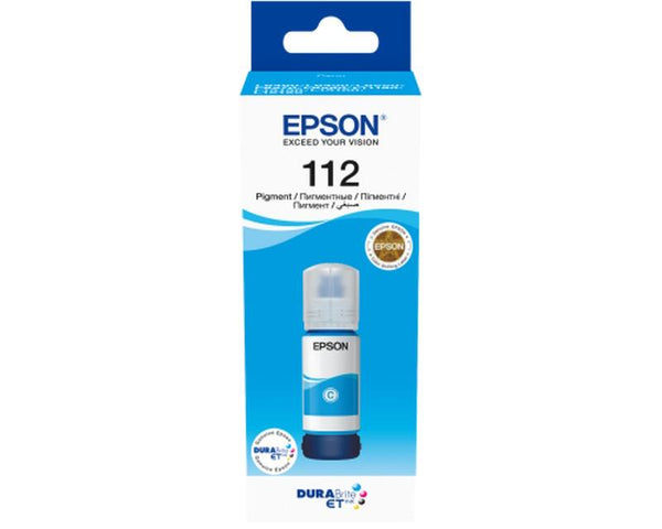 Epson 112 pigment ink bottle in its original retail packaging, featuring a blue and white box with a clear window showing the ink cartridge inside.