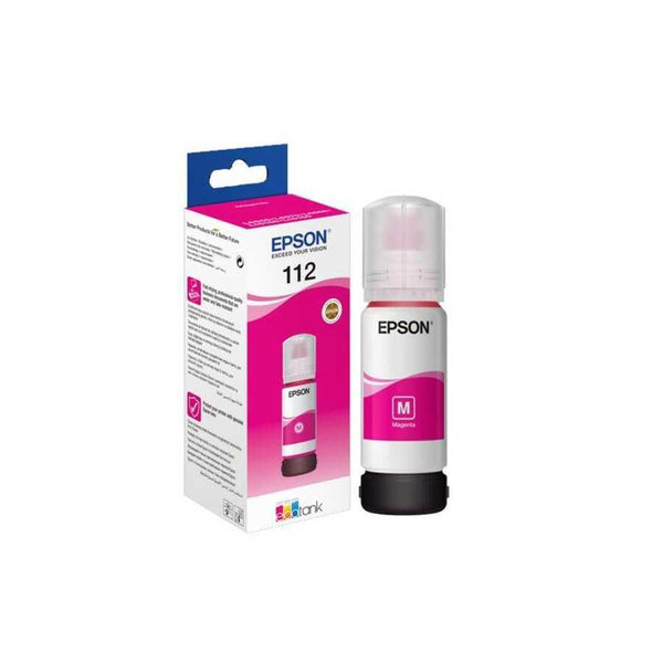 Epson 112 Magink 11ml ink bottle next to its original retail packaging box, both in magink pink and white with a blue header on the box.