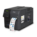 An Epson thermal label printer with a black chassis, showing a label strip being printed and ejected from the front on a white background.