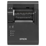An Epson thermal label printer with a black chassis, showing a label strip being printed and ejected from the front on a white background.