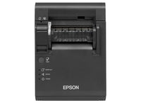 An Epson thermal label printer with a black chassis, showing a label strip being printed and ejected from the front on a white background.