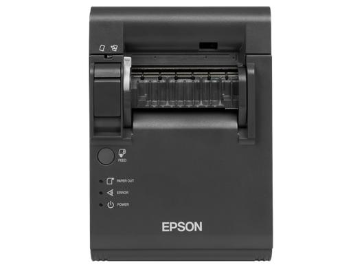 An Epson thermal label printer with a black chassis, showing a label strip being printed and ejected from the front on a white background.