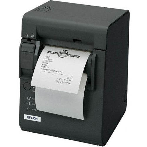 An Epson thermal receipt printer in matte black, shown with a white receipt printed and emerging from the front slot. The Epson logo is clearly visible on the lower front panel.