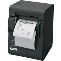 An Epson thermal receipt printer in matte black, shown with a white receipt printed and emerging from the front slot. The Epson logo is clearly visible on the lower front panel.