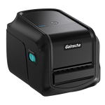 A Gainscha industrial thermal label printer in matte black, featuring a teal power button on the side and a white brand logo on the front, shown on a solid white background.