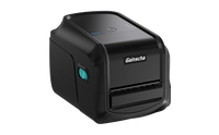 A Gainscha industrial thermal label printer in matte black, featuring a teal power button on the side and a white brand logo on the front, shown on a solid white background.