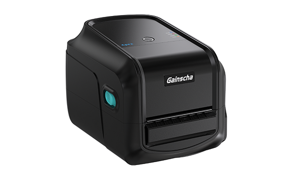 A Gainscha industrial thermal label printer in matte black, featuring a teal power button on the side and a white brand logo on the front, shown on a solid white background.