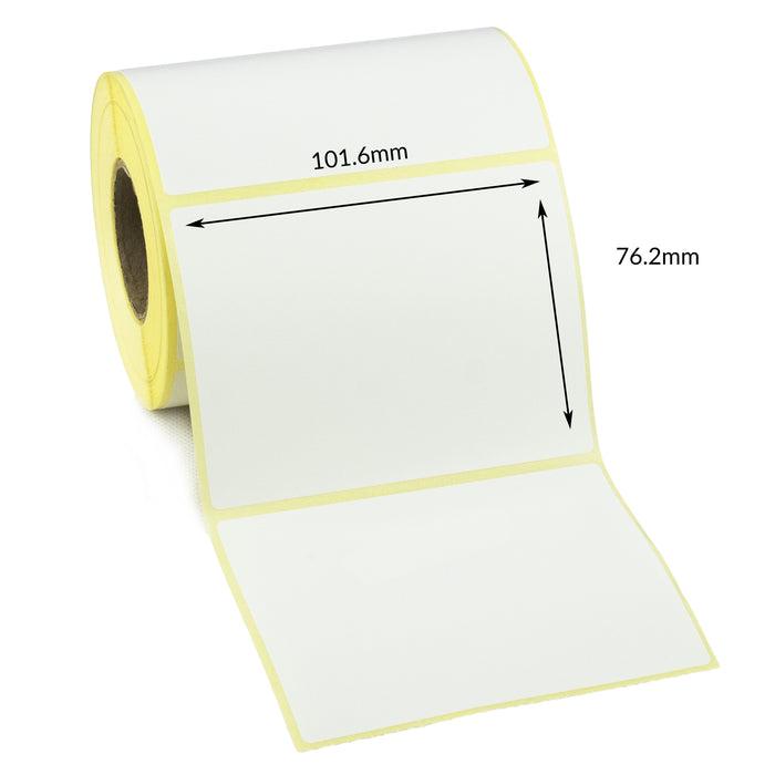 A roll of white labels with pale yellow borders, shown partially unrolled with dimension arrows and text indicating 101.6 mm width and 76.