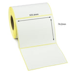 A roll of white labels with pale yellow borders, shown partially unrolled with dimension arrows and text indicating 101.6 mm width and 76.