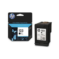 HP 123 Black ink cartridge shown next to its retail packaging box on a plain white background.