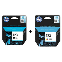 Two HP 123 ink cartridges shown side by side on a white background, with a plus sign between them. The left cartridge is black and the right cartridge is cyan, both in their retail packaging with HP branding and butterfly graphics.