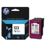 HP 123 Tri-color ink cartridge shown next to its original retail packaging box on a plain white background.