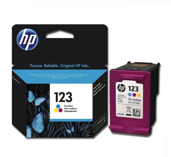 HP 123 Tri-color ink cartridge shown next to its original retail packaging box on a plain white background.