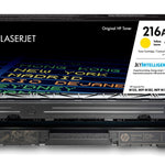 HP LaserJet 211A yellow toner cartridge shown in front of its retail box on a clean white background.