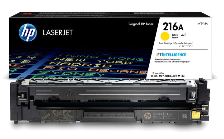 HP LaserJet 211A yellow toner cartridge shown in front of its retail box on a clean white background.