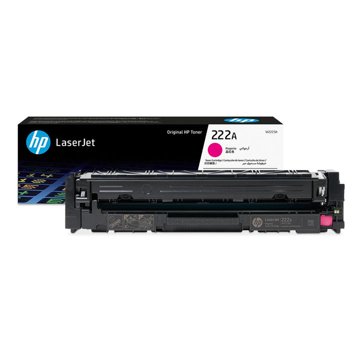 HP LaserJet 222A magenta toner cartridge shown in front of its retail box on a plain white background.