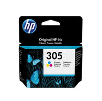 HP 305 tri-color ink cartridge box on a plain white background. The packaging is black with a blue HP logo, white text, and a cyan, yellow, and magenta color indicator panel on the front.