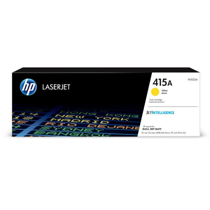 HP LaserJet 415A yellow toner cartridge box, model W0023A, featuring a black and white design with the HP logo and a small yellow color indicator on a white background.