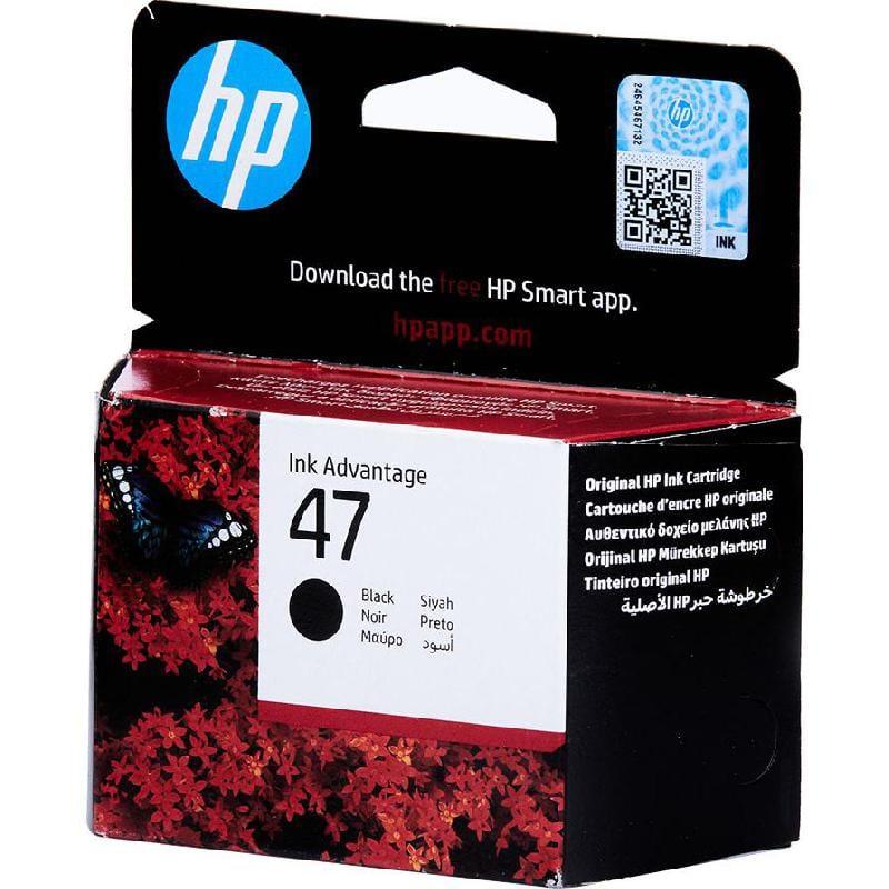 HP Ink Advantage 47 black ink cartridge retail box with a hinged top, featuring the HP logo, a QR code, and a black-and-white label on the front over a red floral pattern.