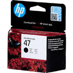 HP Ink Advantage 47 black ink cartridge retail box with a hinged top, featuring the HP logo, a QR code, and a black-and-white label on the front over a red floral pattern.