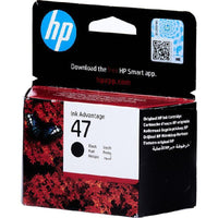 HP Ink Advantage 47 black ink cartridge retail box with a hinged top, featuring the HP logo, a QR code, and a black-and-white label on the front over a red floral pattern.
