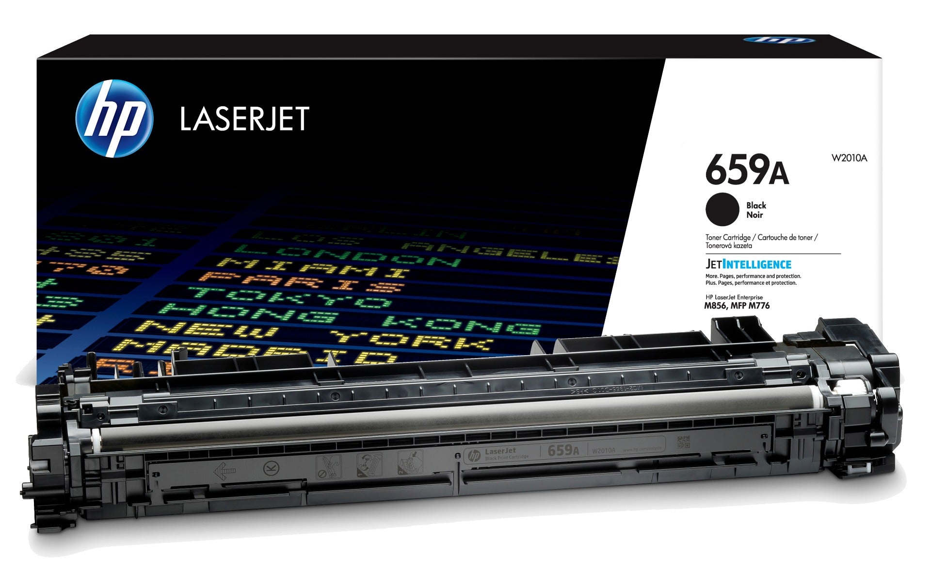HP LaserJet 659A black toner cartridge shown in front of its retail box on a clean white background.