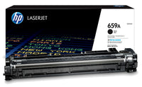 HP LaserJet 659A black toner cartridge shown in front of its retail box on a clean white background.