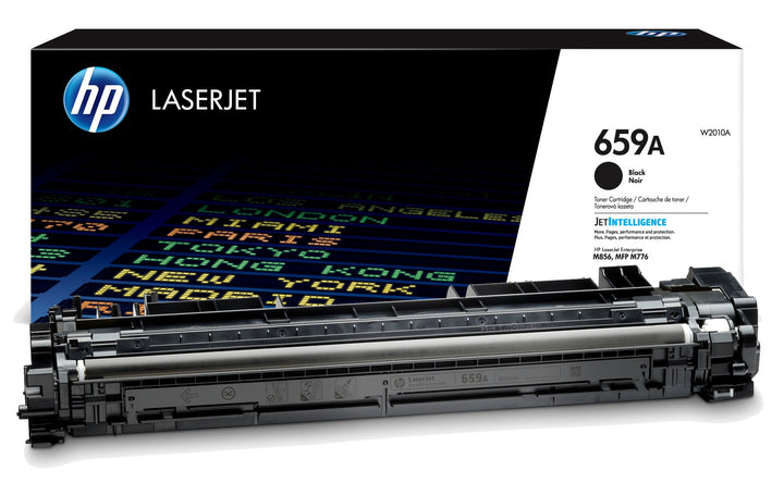 HP LaserJet 659A black toner cartridge shown in front of its retail box on a clean white background.