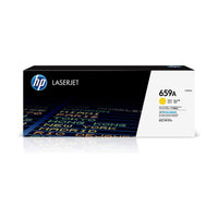 HP LaserJet 659A yellow toner cartridge box, model HX250A, shown on a clean white background with a subtle reflection.