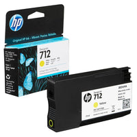 HP 712 yellow ink cartridge with packaging on a white background
