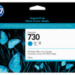 HP DesignJet 730 Cyan Office Ink Cartridge retail box, featuring a black top panel with the HP logo, a bright cyan band, and a front panel decorated with blue butterflies on a black background.