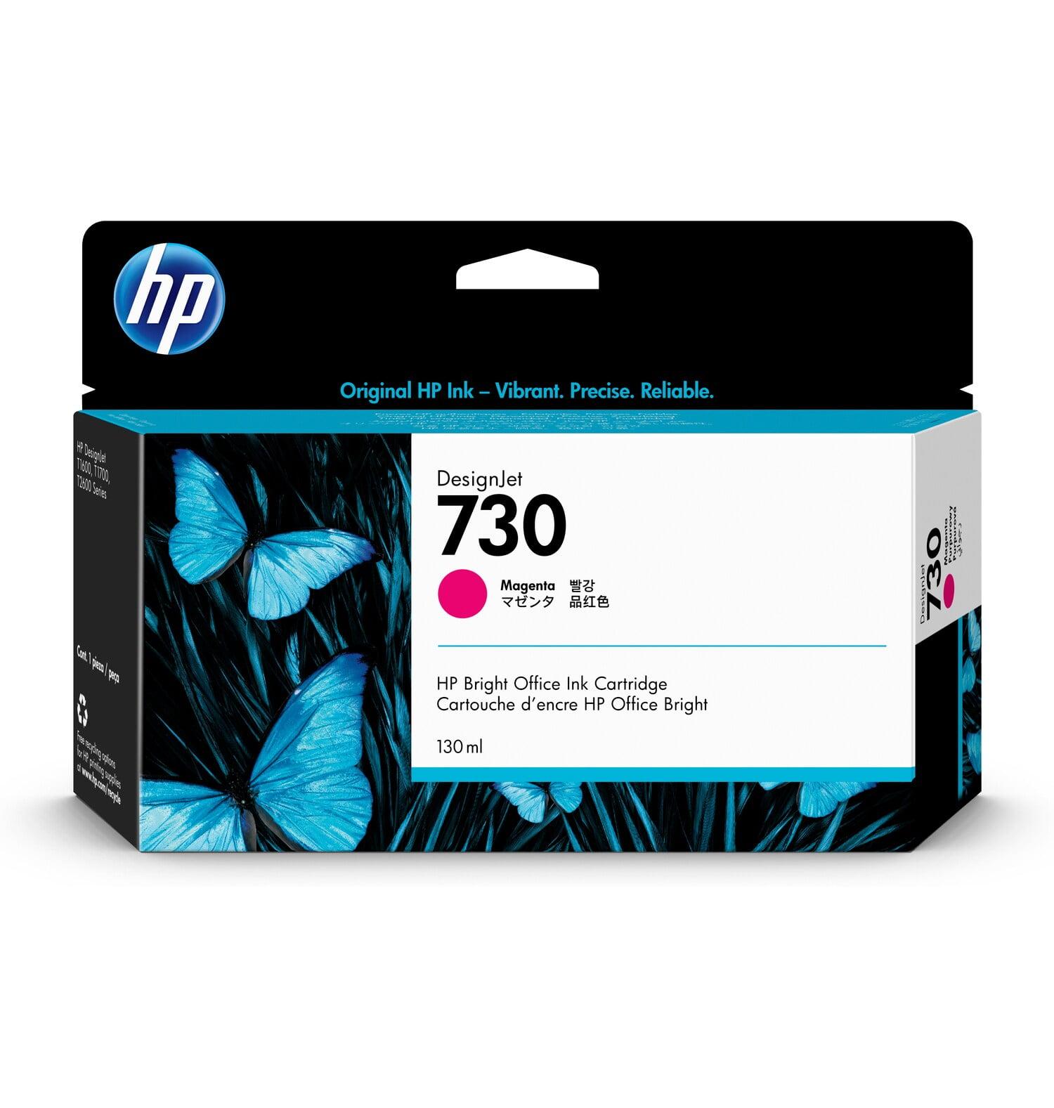 HP DesignJet 730 Magenta ink cartridge box, 130ml, featuring a black and white design with blue butterfly graphics on a white background.