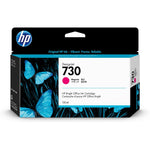 HP DesignJet 730 Magenta ink cartridge box, 130ml, featuring a black and white design with blue butterfly graphics on a white background.