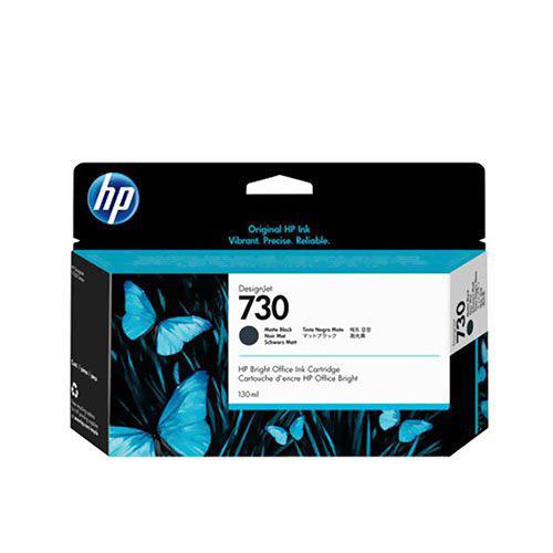 HP 730 Black Ink Cartridge retail box on a plain white background, showing the HP logo, product number 730, and blue butterfly artwork on the front.