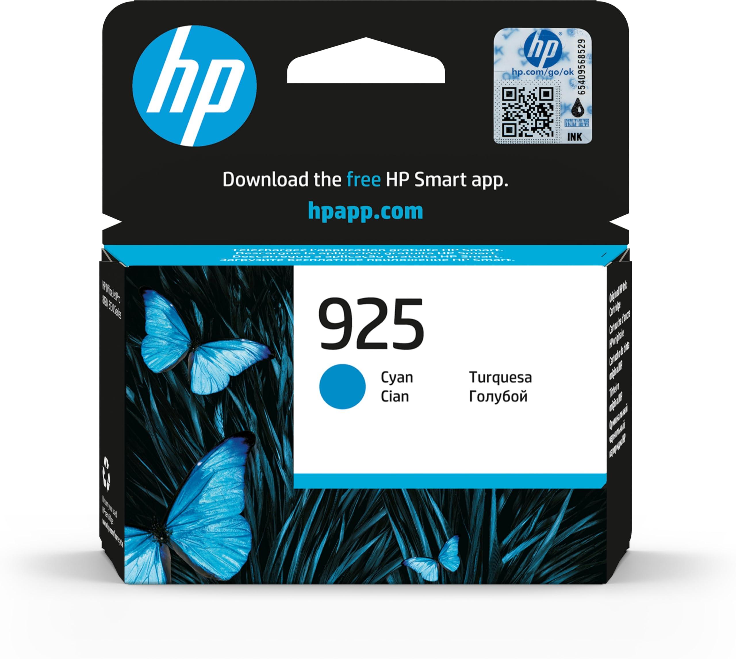 HP 925 Cyan ink cartridge box with blue butterfly artwork on a black and white package design, shown on a clean white background.