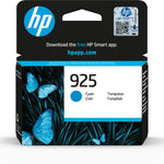 HP 925 Cyan ink cartridge box with blue butterfly artwork on a black and white package design, shown on a clean white background.