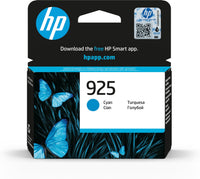 HP 925 Cyan ink cartridge box with blue butterfly artwork on a black and white package design, shown on a clean white background.