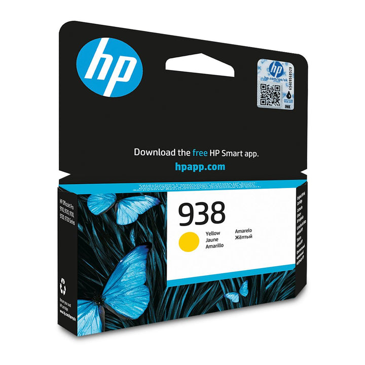 HP 938 Cyan original ink cartridge in its retail packaging, featuring a black and white box with blue butterfly graphics and the HP logo.