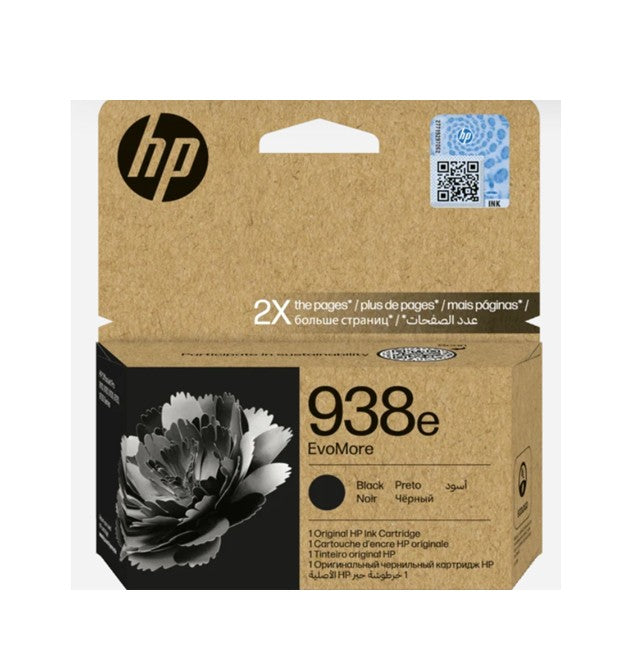 HP 938e EvoMore black ink cartridge retail packaging, featuring a brown kraft cardboard box with a black and white flower graphic and the HP logo.
