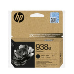 HP 938e EvoMore black ink cartridge retail packaging, featuring a brown kraft cardboard box with a black and white flower graphic and the HP logo.