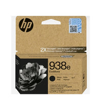 HP 938e EvoMore black ink cartridge retail packaging, featuring a brown kraft cardboard box with a black and white flower graphic and the HP logo.